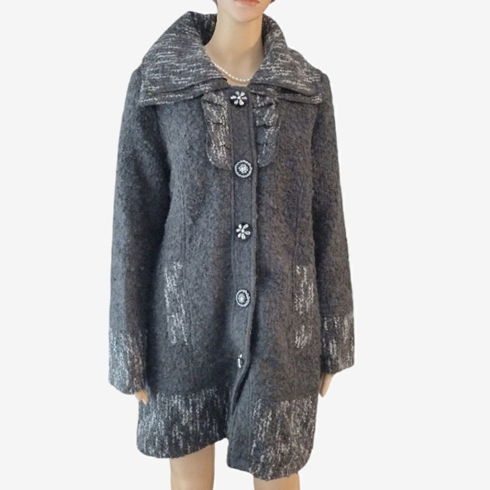 Variations Women's Size XL Long Gray Snap Button Closure Winter Fuzzy Coat